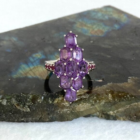 Sterling Silver 925 STS Multi Gemstone Amethyst & Garnet Statement Ring Sz 9 - Picture 11 of 16
